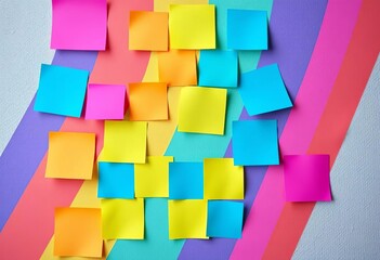 Rainbow-hued sticky notes form a vibrant geometric pattern on a textured wall,  design,  reminder