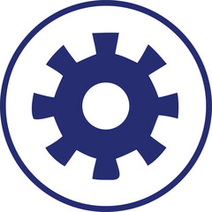 A simple blue cogwheel icon with six teeth is centrally placed within a white circle representing mechanical engineering and industrial processes