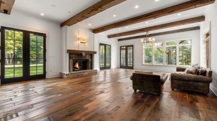 Fototapeta premium Spacious living room featuring wooden beams, large windows, and cozy fireplace. warm wooden floor complements inviting atmosphere, perfect for relaxation and gatherings