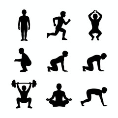 Collection of human exercise silhouettes in various poses isolated on white background silhouette