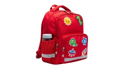 Red child backpack with cartoon patches isolated on transparent background