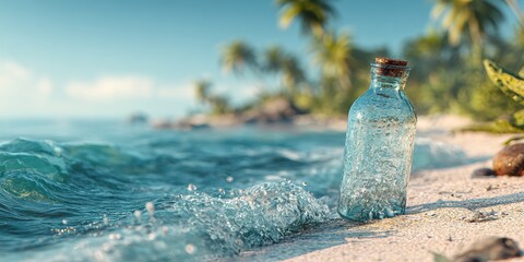 A message in a bottle rests on a tropical beach