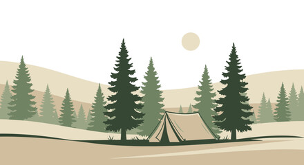 Obraz premium Peaceful Camping Retreat In The Forest Surrounded By Tall Evergreen Trees