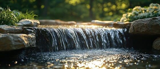 Serene Waterfall in a Lush Garden at Sunset