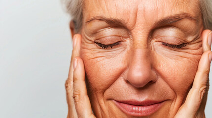 Serene elderly woman gently touching her face, eyes closed, expressing tranquility and self care. image captures beauty of aging, showcasing fine lines and peaceful demeanor