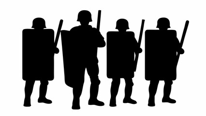 Four riot police officers with shields and batons silhouette isolated on white background