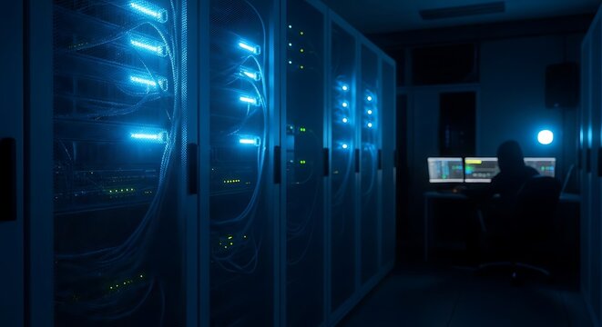 Expert managing critical network infrastructure and data security in a dark, futuristic data center, surrounded by glowing server racks and advanced IT systems