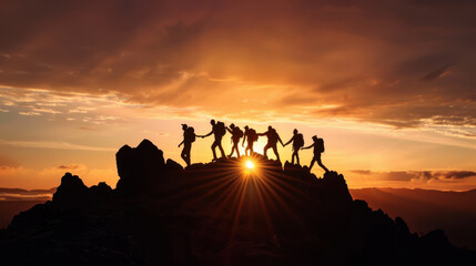Hikers silhouette on mountain peak during sunset, showcasing teamwork and adventure in nature. vibrant colors of sky create stunning backdrop for this inspiring moment