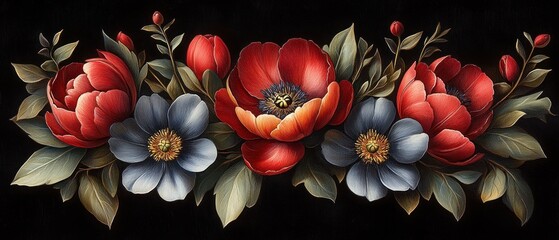 Floral Still Life: A Symphony of Red and Blue Blossoms