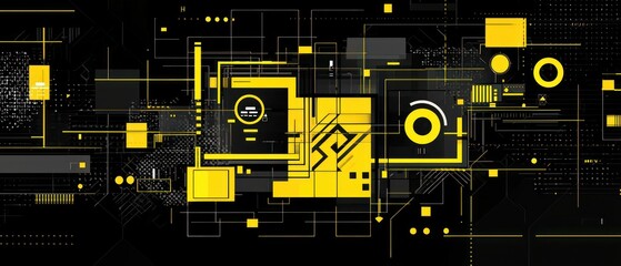 Abstract Tech Wallpaper: Geometric Circuitry Design in Vibrant Yellow and Black