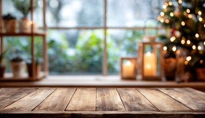 Wooden table in front of a wintery window display, festive lights, and plants