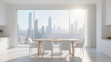 Modern dining room with a panoramic city view through large windows
