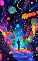 Obraz premium A person walking through an intricate time portal, surrounded by cosmic symbols and vibrant colors