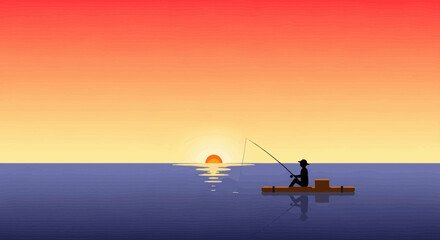 Peaceful Fisherman Silhouette Enjoying Tranquil Sunset On Water Scenery Vector Art
