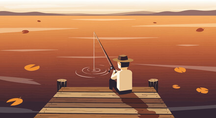 Peaceful Fishing Scene At Sunset Serene Lake On Wooden Pier Graphic Design