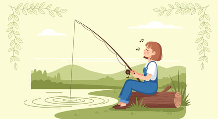 Peaceful Fishing Trip Girl Sits Enjoying Nature's Melody By The Lakeside