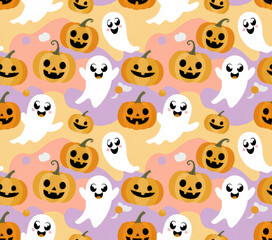 Obraz premium Cute Halloween Ghost and Pumpkin Seamless Pattern — Pastel Kawaii Spooky Background for Kids and Party Decor