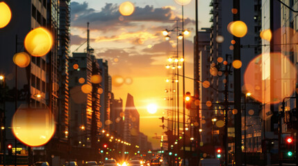 Vibrant cityscape sunset, showcasing bustling street lined with buildings and illuminated by streetlights. warm hues of sunset create beautiful backdrop, while bokeh effects add dreamy quality to