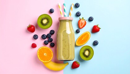 Vibrant smoothie bottle surrounded by fresh fruits on a split pink and blue background