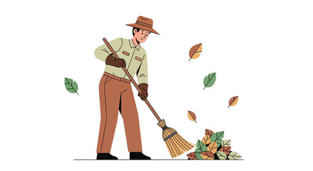 Park Ranger sweeping fall leaves vector illustration clean up outdoor autumn  season