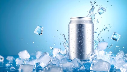 Blank aluminum beverage can mockup surrounded by crushed ice cubes and a dynamic, refreshing water splash on a cool blue background.