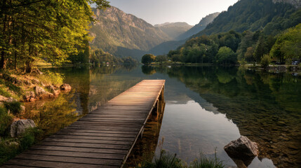 Wooden pier extending into a serene crystal clear mountain lake surrounded by lush green forests and dramatic peaks