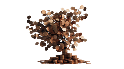 Transforming coins create dynamic visual of growth, symbolizing prosperity and abundance. coins swirl and rise, forming tree like structure, representing financial success and potential
