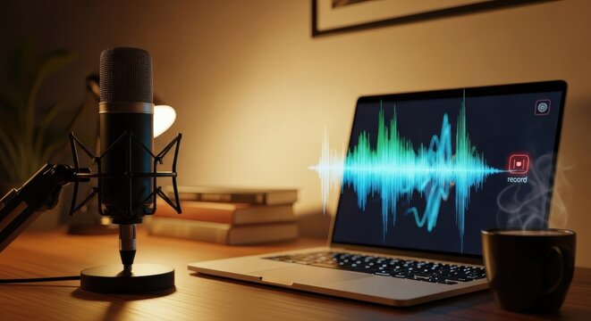 Podcast Studio Setup with Professional Microphone Laptop and Cozy Warm Lighting for Creative Audio Recording and Online Broadcasting