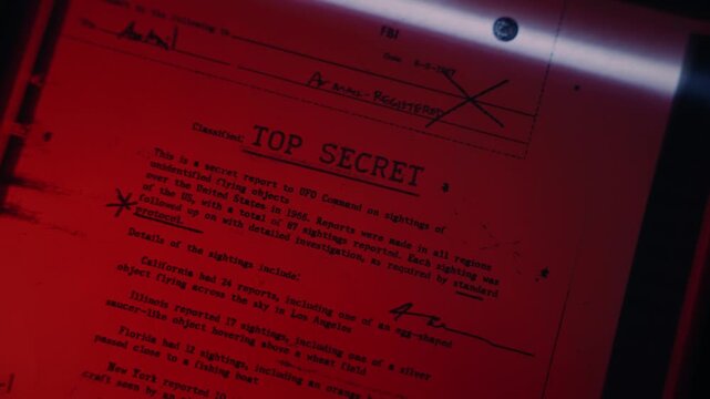 Top secret classified file or report of government agency is passed by scanner or being copied in machine with scan line in dark red room. Conspiracy or fraud. Exposing secrets and shady evidence data