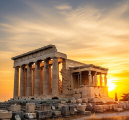 Obraz premium Doric and Ionic columns of the ancient temple of Athena, against a golden orange sunset sky.