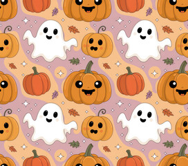Fototapeta premium Cute Halloween Ghost and Pumpkin Seamless Pattern — Pastel Kawaii Spooky Background for Kids and Party Decor
