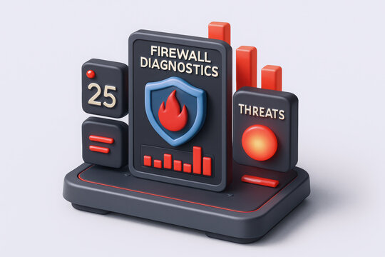 A colorful 3D graphic of a firewall diagnostics interface displaying threats and data metrics.