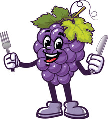 Cartoon mascot of grapes holding a fork and knife