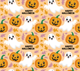 Naklejka premium Cute Halloween Ghost and Pumpkin Seamless Pattern — Pastel Kawaii Spooky Background for Kids and Party Decor