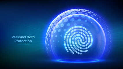 Personal data protection. Biometrics identification. Cyber security. Password control. Fingerprint icon inside transparent sphere shield with hexagon pattern on blue background. Vector illustration.