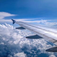 Obraz premium A view from an airplane wing above fluffy clouds under a bright blue sky, showcasing the beauty of air travel and nature.
