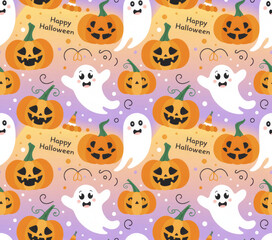 Obraz premium Cute Halloween Ghost and Pumpkin Seamless Pattern — Pastel Kawaii Spooky Background for Kids and Party Decor