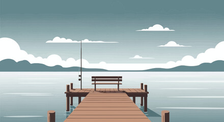 Obraz premium Peaceful Scene With Bench On A Dock By The Lake Under Cloudy Sky