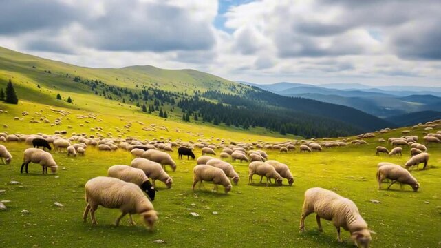 A large flock of sheep grazes on a green hillside under a cloudy sky with distant mountains and a forest visible