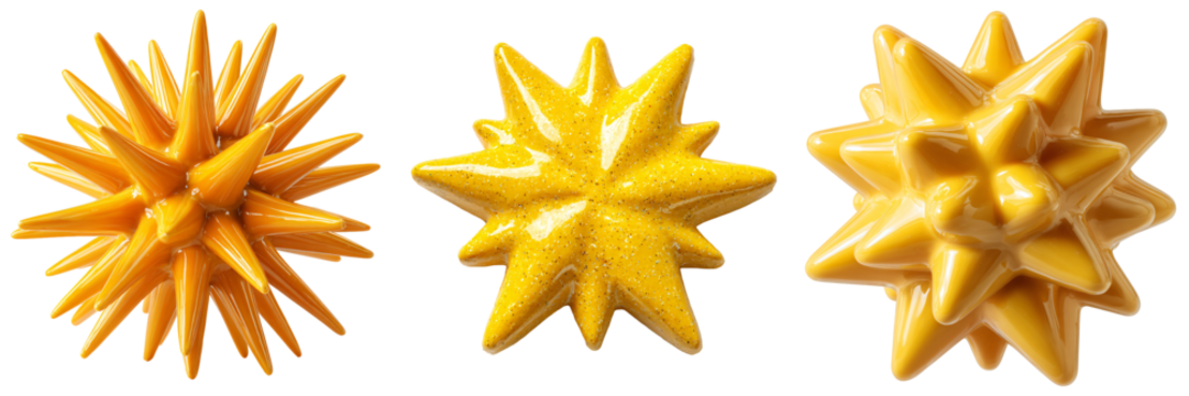 Bright and vibrant decorative objects various star shapes, showcasing glossy yellow and golden finishes. These unique pieces add playful and modern touch to any space, enhancing visual interest