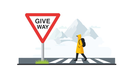 Pedestrian Crossing Road With Backpack And Mountain Backdrop At Street Sign