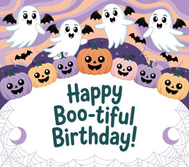 Fototapeta premium Cute Halloween Ghost and Pumpkin Seamless Pattern — Pastel Kawaii Spooky Background for Kids and Party Decor