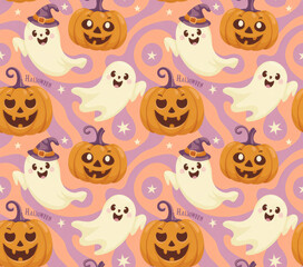 Fototapeta premium Cute Halloween Ghost and Pumpkin Seamless Pattern — Pastel Kawaii Spooky Background for Kids and Party Decor