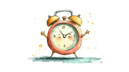 A whimsical alarm clock character with a cheerful face, arms, and bell-like ears, surrounded by playful splashes of color.