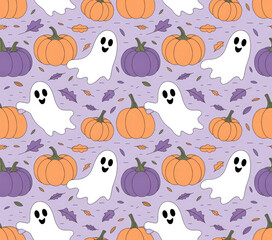 Naklejka premium Cute Halloween Ghost and Pumpkin Seamless Pattern — Pastel Kawaii Spooky Background for Kids and Party Decor