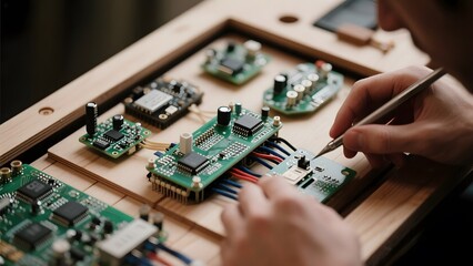 Person assembling electronic components on a wooden board