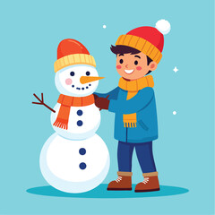 Young boy happily building a snowman with a carrot nose, wearing winter clothes against a light blue background.