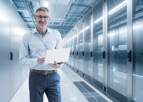 Engineer analyzing data with tablet in modern server room