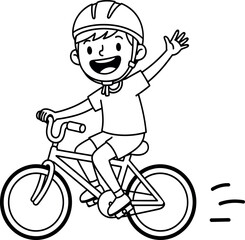 A cheerful cartoon boy rides his bicycle while wearing a helmet and waving, promoting a healthy and active lifestyle for children through cycling.