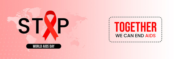 Red ribbon forms the "O" in "STOP," with "World AIDS Day" and "Together We Can End AIDS" text on a global pink background, promoting unity, awareness, and prevention.